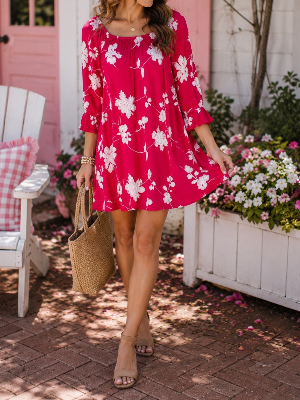 Liv Los Angeles Hot Pink White Boho Floral Embroidery 3/4 Sleeve Dress Small